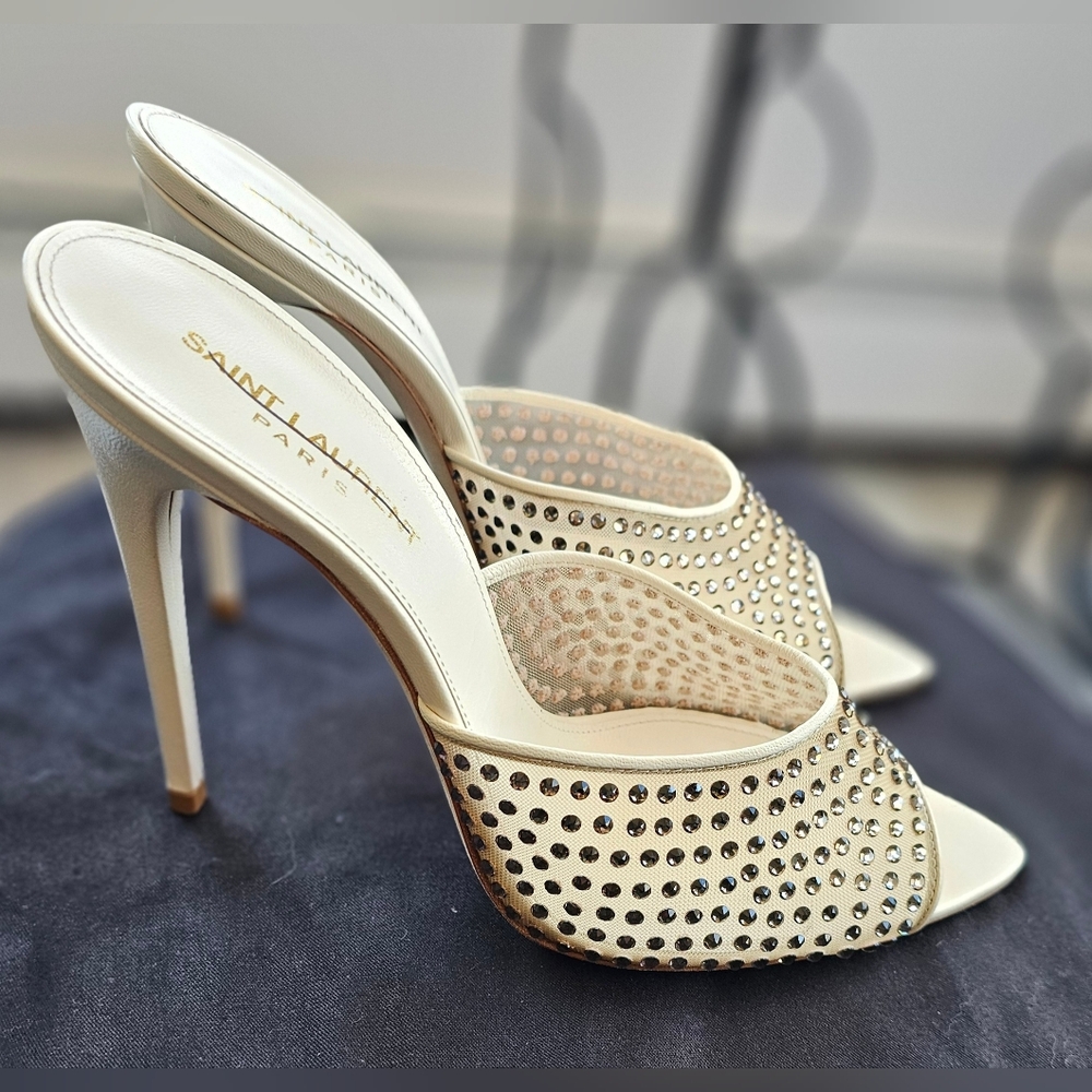 SAINT LAURENT Gippy Crystal Mesh Stiletto Mules Color Nude & Crystal 40 - Picture 8 of 16